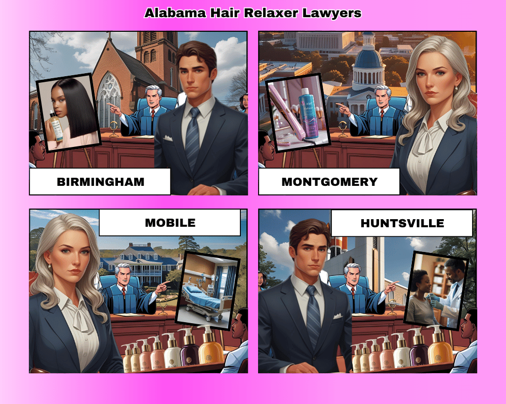 Alabama hair relaxer lawyers depicted taking ovarian cancer lawsuits to trial in Birmingham, Montgomery, Mobile, and Huntsville