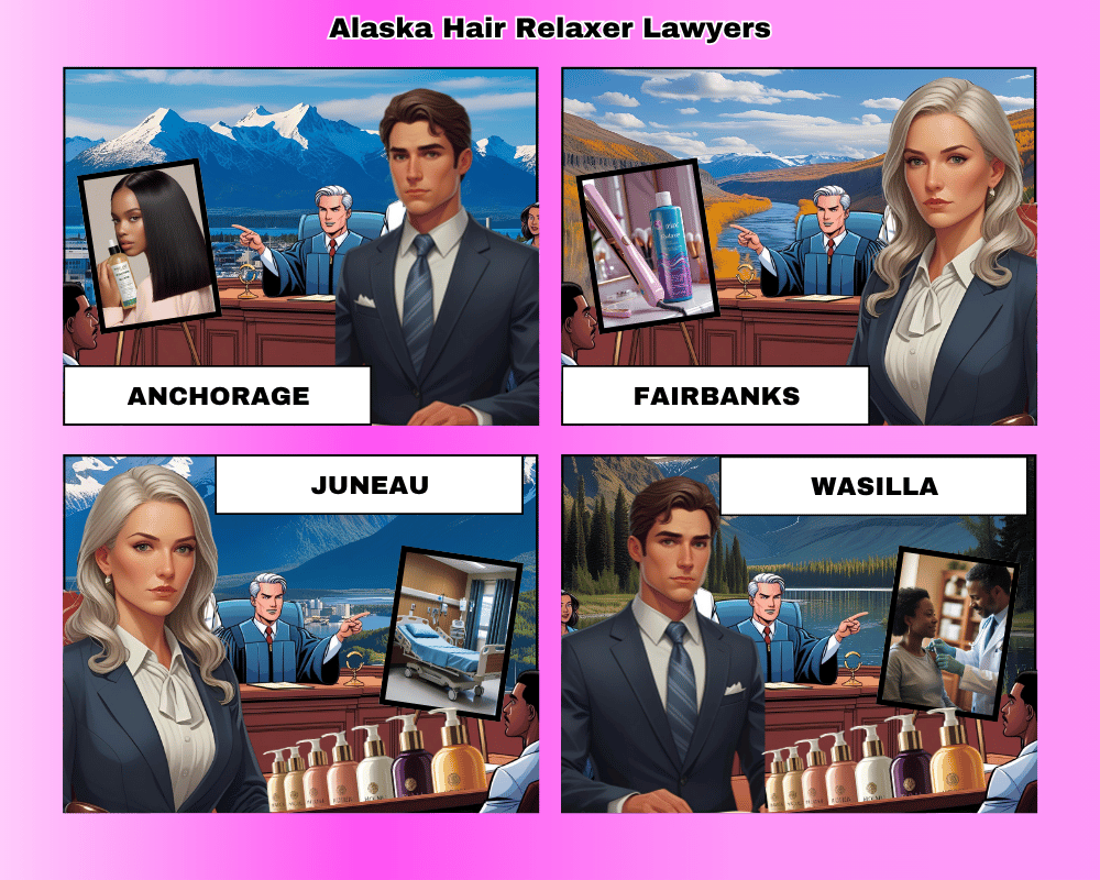 Alaska hair relaxer lawyers depicted taking ovarian cancer lawsuits to trial in Anchorage, Fairbanks, Juneau, and Wasilla