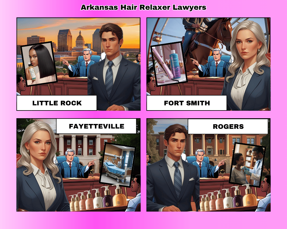 Arkansas hair relaxer lawyers depicted taking ovarian cancer lawsuits to trial in Little Rock, Fort Smith, Fayetteville, and Rogers