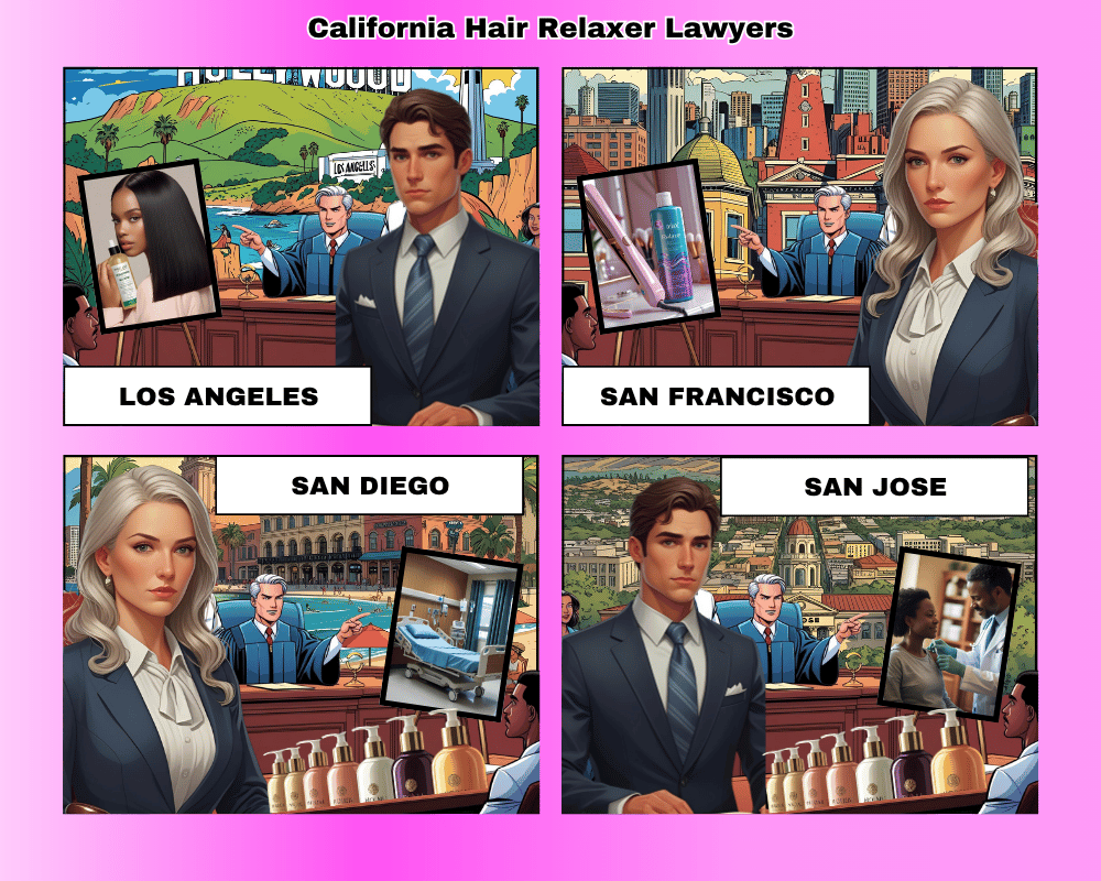 California hair relaxer lawyers depicted taking ovarian cancer lawsuits to trial in Los Angeles, San Diego, San Jose, and San Francisco