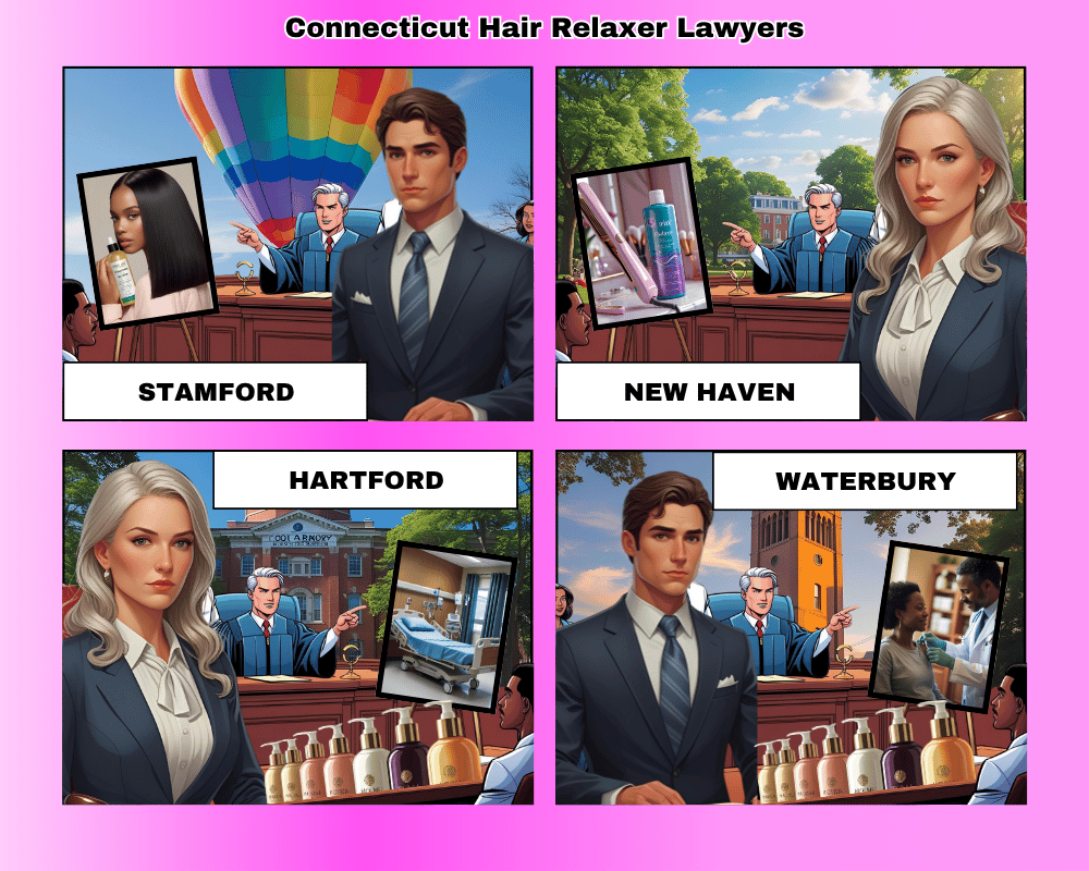 Connecticut hair relaxer lawyers depicted taking ovarian cancer lawsuits to trial in Stamford, New Haven, Hartford, and Waterbury
