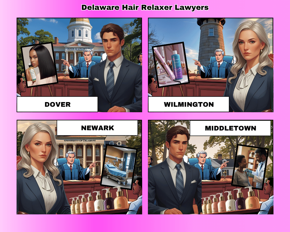 Delaware hair relaxer lawyers depicted taking ovarian cancer lawsuits to trial in Dover, Wilmington, Newark, and Middletown