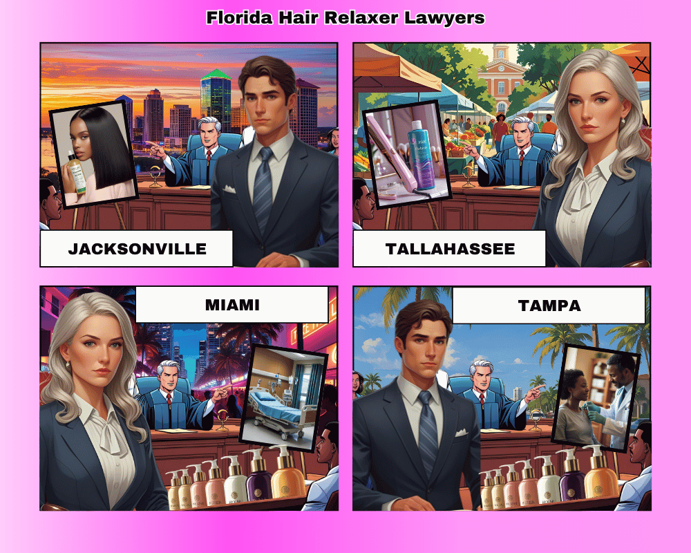 Florida hair relaxer lawyers depicted taking ovarian cancer lawsuits to trial in Jacksonville, Tallahassee, Tampa, and Miami