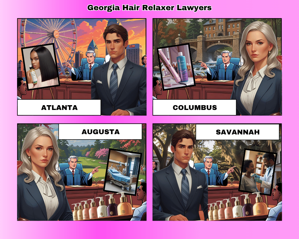 Georgia hair relaxer lawyers depicted taking ovarian cancer lawsuits to trial in Atlanta, Columbus, Augusta, and Savannah