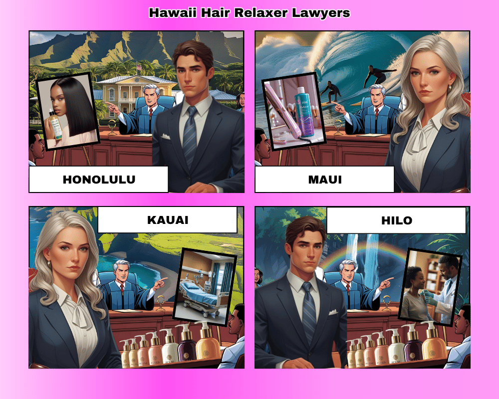 Hawaii hair relaxer lawyers depicted taking ovarian cancer lawsuits to trial in Honolulu, Maui, Kauai, and Hilo