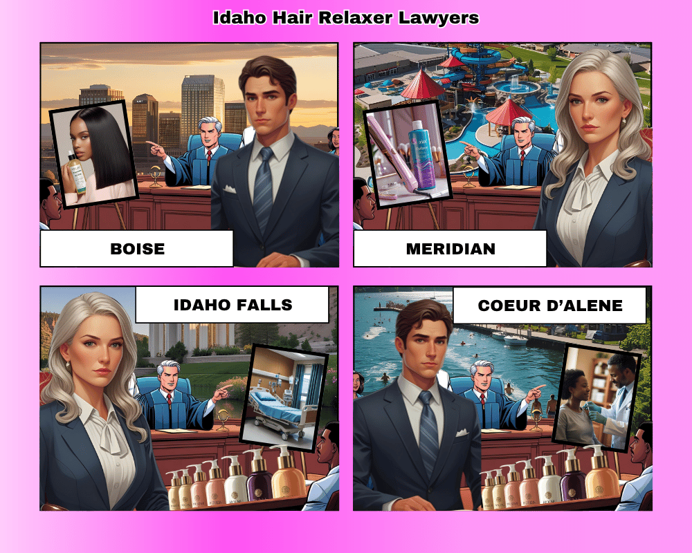 Idaho hair relaxer lawyers depicted taking ovarian cancer lawsuits to trial in Boise, Meridian, Idaho Falls, and Coeur d’Alene