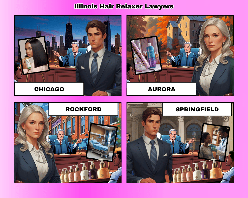 Illinois hair relaxer lawyers depicted taking ovarian cancer lawsuits to trial in Chicago, Aurora, Rockford, and Springfield
