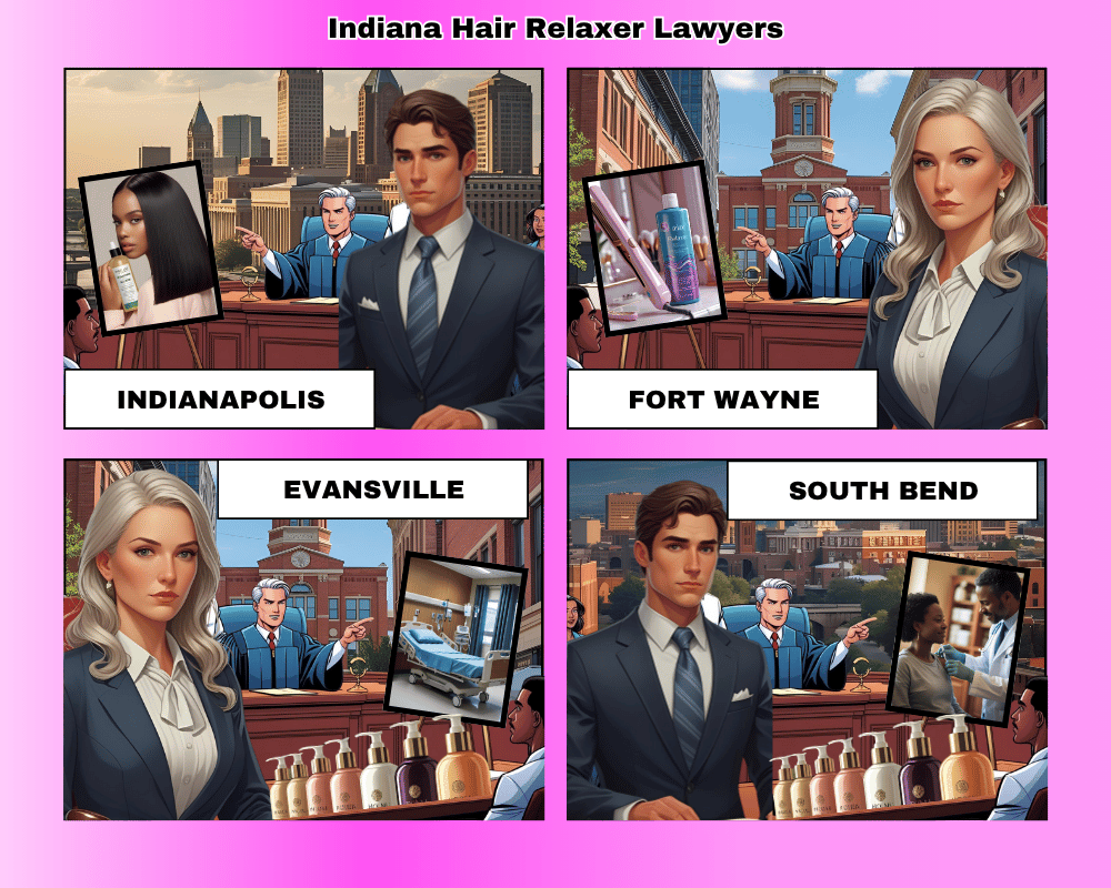 Indiana hair relaxer lawyers depicted taking ovarian cancer lawsuits to trial in Indianapolis, Fort Wayne, Evansville, and South Bend