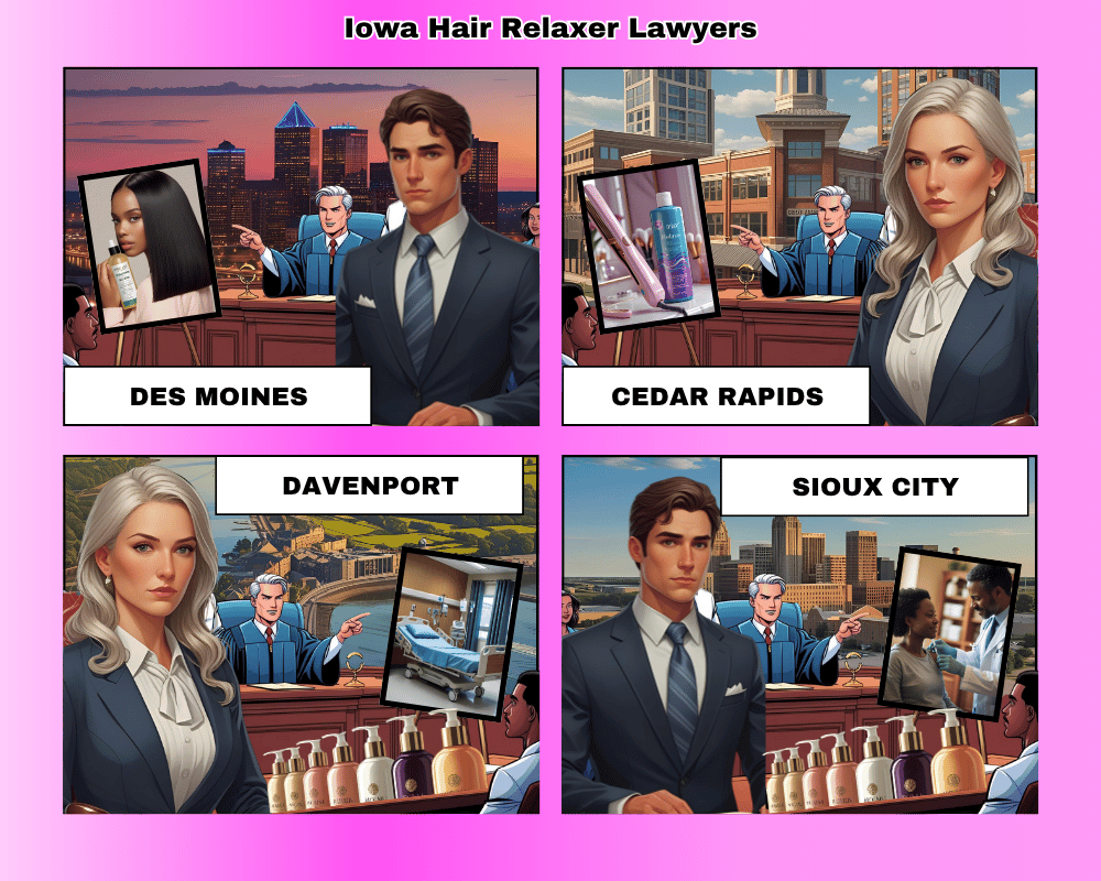 Iowa hair relaxer lawyers depicted taking ovarian cancer lawsuits to trial in Des Moines, Cedar Rapids, Davenport, and Sioux City