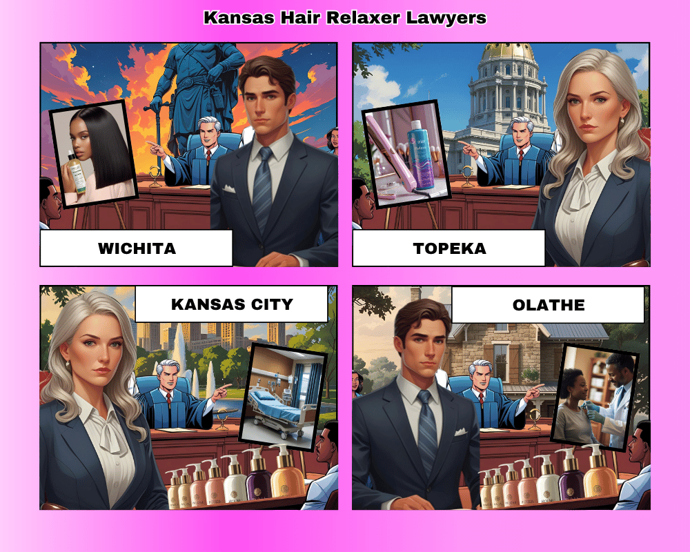 Kansas hair relaxer lawyers depicted taking ovarian cancer lawsuits to trial in Wichita, Topeka, Kansas City, and Olathe