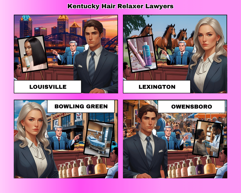 Kentucky hair relaxer lawyers depicted taking ovarian cancer lawsuits to trial in Louisville, Lexington, Bowling Green, and Owensboro