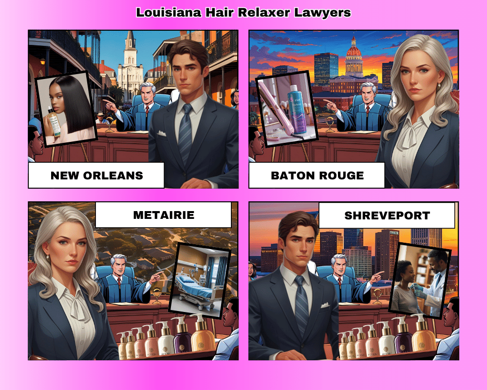 Louisiana hair relaxer lawyers depicted taking ovarian cancer lawsuits to trial in New Orleans, Baton Rouge, Metairie, and Shreveport