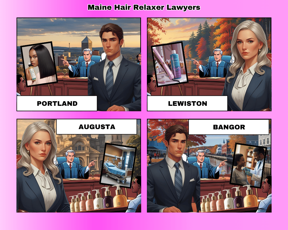 Maine hair relaxer lawyers depicted taking ovarian cancer lawsuits to trial in Portland, Lewiston, Augusta, and Bangor