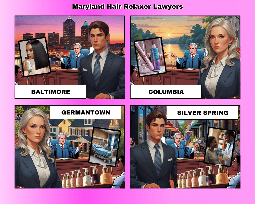 Maryland hair relaxer lawyers depicted taking ovarian cancer lawsuits to trial in Baltimore, Columbia, Germantown, and Silver Spring