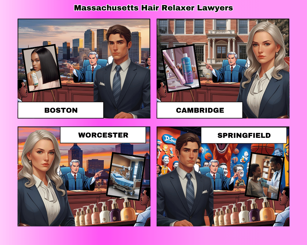 Massachusetts hair relaxer lawyers depicted taking ovarian cancer lawsuits to trial in Boston, Cambridge, Worcester, and Springfield