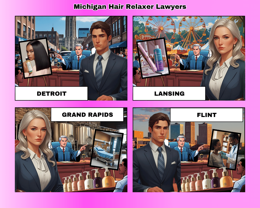 Michigan hair relaxer lawyers depicted taking ovarian cancer lawsuits to trial in Detroit, Lansing, Grand Rapids, and Flint