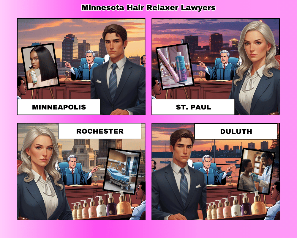 Minnesota hair relaxer lawyers depicted taking ovarian cancer lawsuits to trial in Minneapolis, St Paul, Rochester, and Duluth