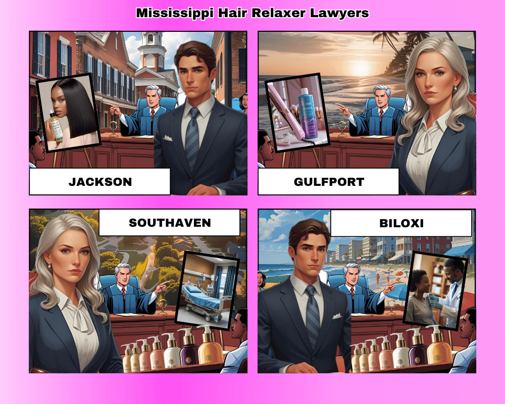 Mississippi hair relaxer lawyers depicted taking ovarian cancer lawsuits to trial in Jackson, Gulfport, Southaven, and Biloxi