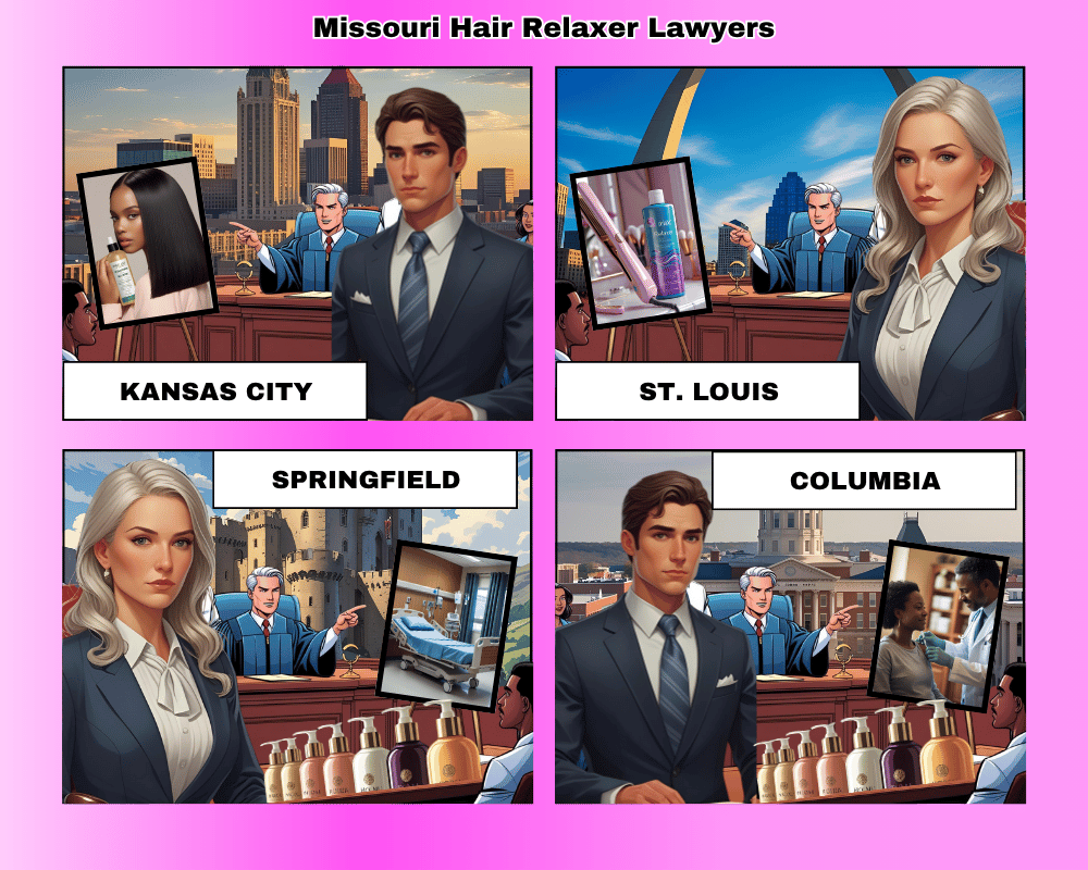 Missouri hair relaxer lawyers depicted taking ovarian cancer lawsuits to trial in Kansas City, St Louis, Springfield, and Columbia