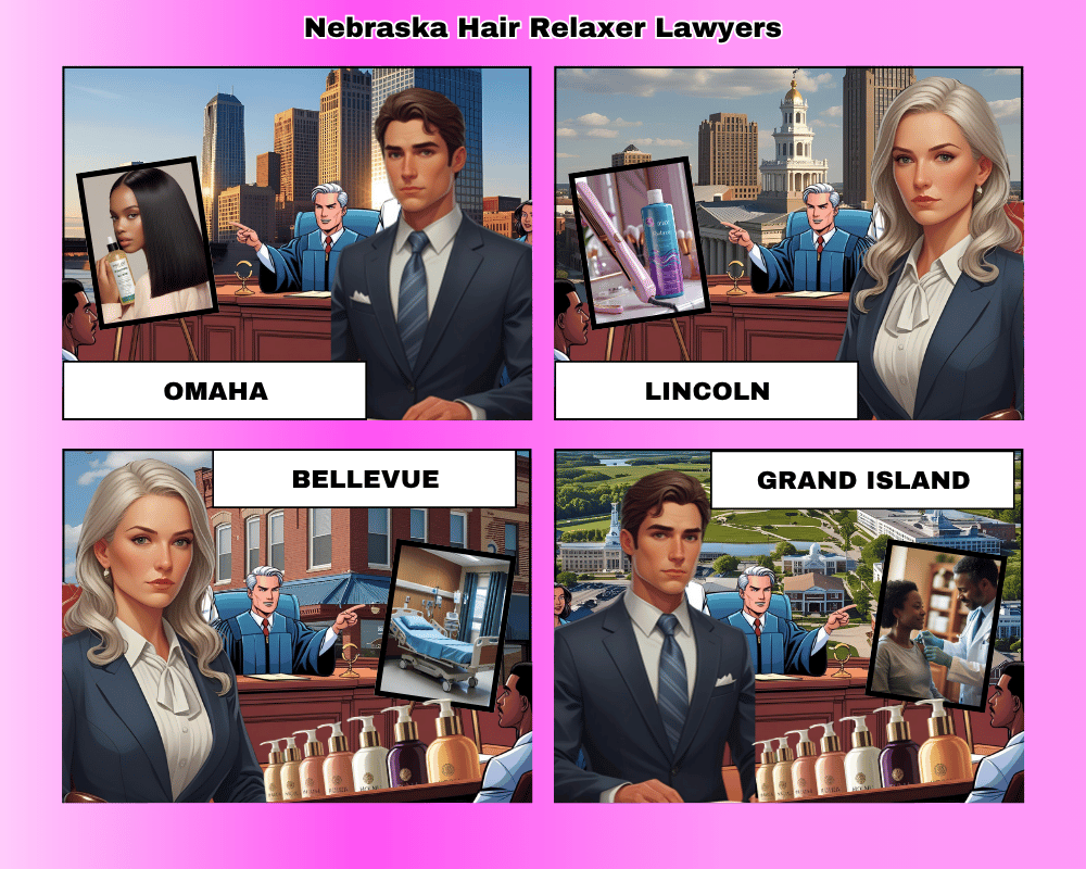 Nebraska hair relaxer lawyers depicted taking ovarian cancer lawsuits to trial in Omaha, Lincoln, Bellevue, and Grand Island