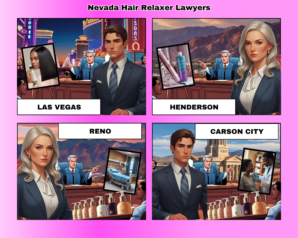 Nevada hair relaxer lawyers depicted taking ovarian cancer lawsuits to trial in Las Vegas, Henderson, Reno, and Carson City