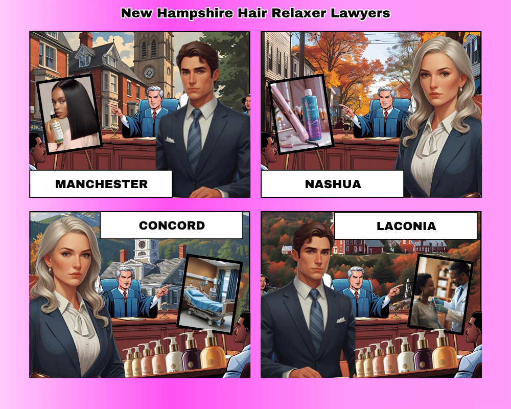 New Hampshire hair relaxer lawyers depicted taking ovarian cancer lawsuits to trial in Manchester, Nashua, Concord, and Laconia