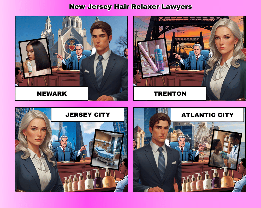 New Jersey hair relaxer lawyers depicted taking ovarian cancer lawsuits to trial in Newark, Trenton, Jersey City, and Atlantic City