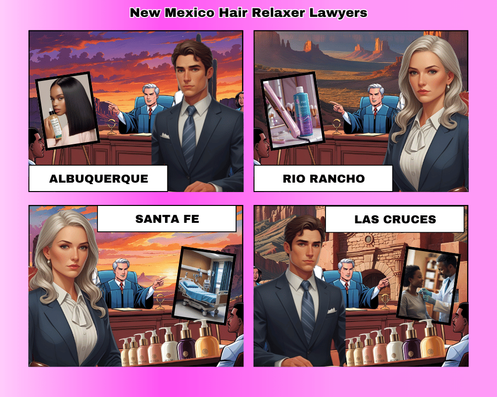 New Mexico hair relaxer lawyers depicted taking ovarian cancer lawsuits to trial in Albuquerque, Rio Rancho, Santa Fe, and Las Cruces