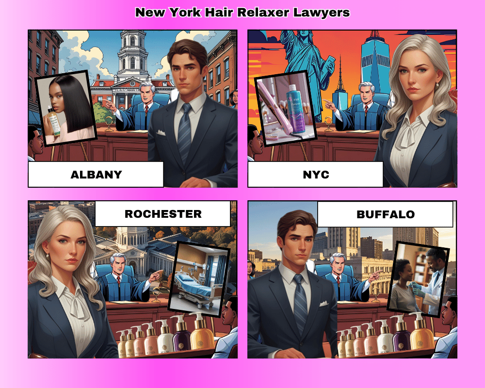 New York hair relaxer lawyers depicted taking ovarian cancer lawsuits to trial in NYC, Albany, Rochester, Buffalo, and Syracuse
