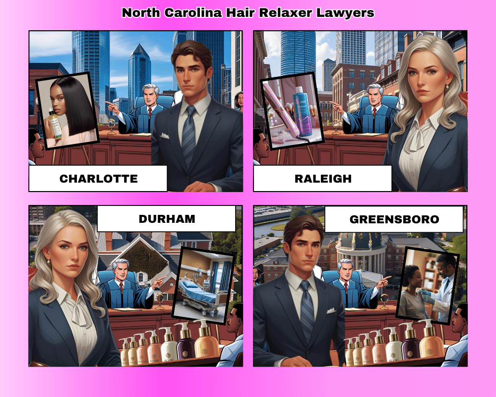North Carolina hair relaxer lawyers depicted taking ovarian cancer lawsuits to trial in Charlotte, Raleigh, Durham, and Greensboro