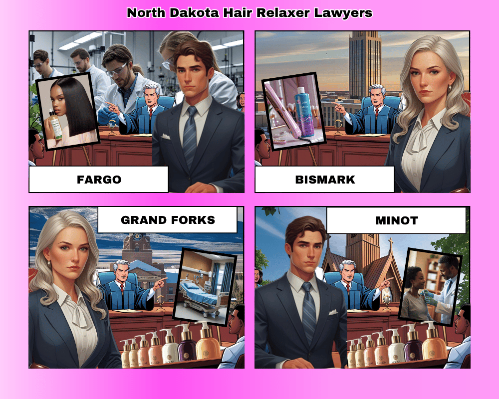 North Dakota hair relaxer lawyers depicted taking ovarian cancer lawsuits to trial in Fargo, Bismark, Grand Forks, and Minot