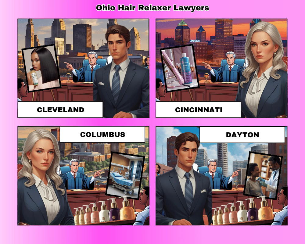 Ohio hair relaxer lawyers depicted taking ovarian cancer lawsuits to trial in Cleveland, Cincinnati, Columbus, and Toledo