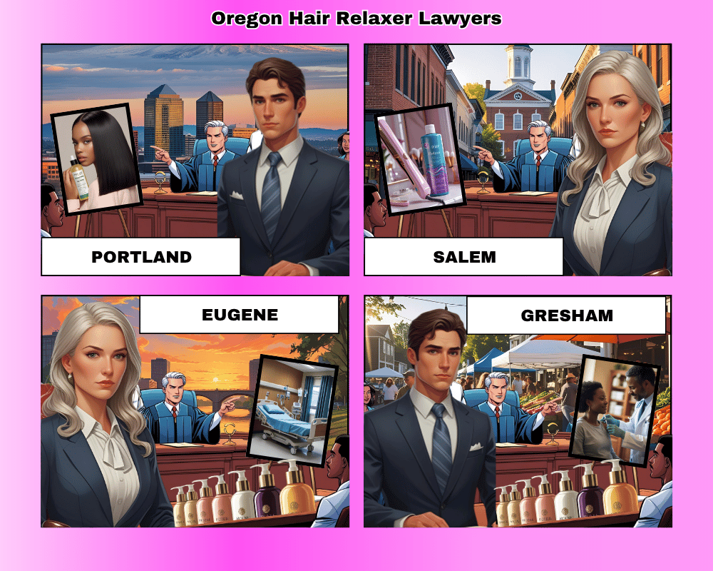 Oregon hair relaxer lawyers depicted taking ovarian cancer lawsuits to trial in Portland, Salem, Eugene, and Gresham