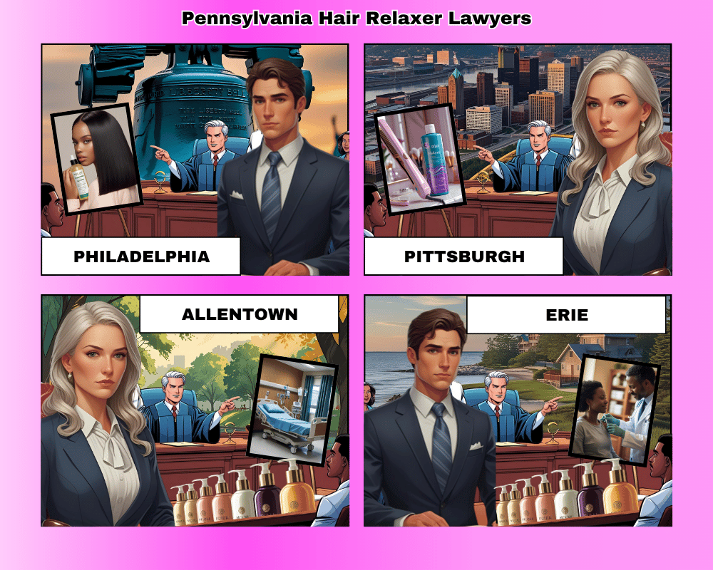 Pennsylvania hair relaxer lawyers depicted taking ovarian cancer lawsuits to trial in Philadelphia, Pittsburgh, Allentown, and Erie