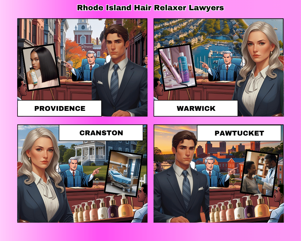 Rhode Island hair relaxer lawyers depicted taking ovarian cancer lawsuits to trial in Providence, Warwick, Cranston, and Pawtucket