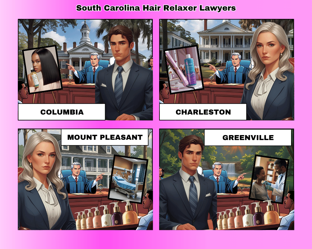 South Carolina hair relaxer lawyers depicted taking ovarian cancer lawsuits to trial in Columbia, Charleston, Mount Pleasant, and Greenville