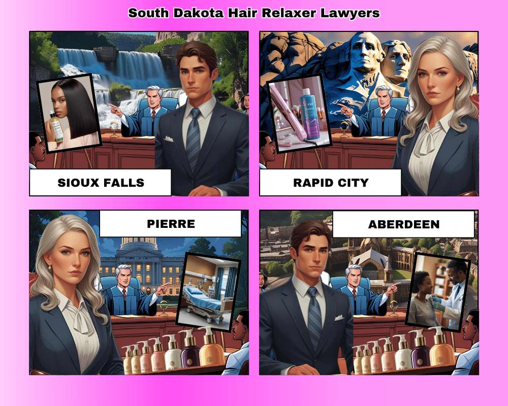 South Dakota hair relaxer lawyers depicted taking ovarian cancer lawsuits to trial in Sioux Falls, Rapid City, Pierre, and Aberdeen