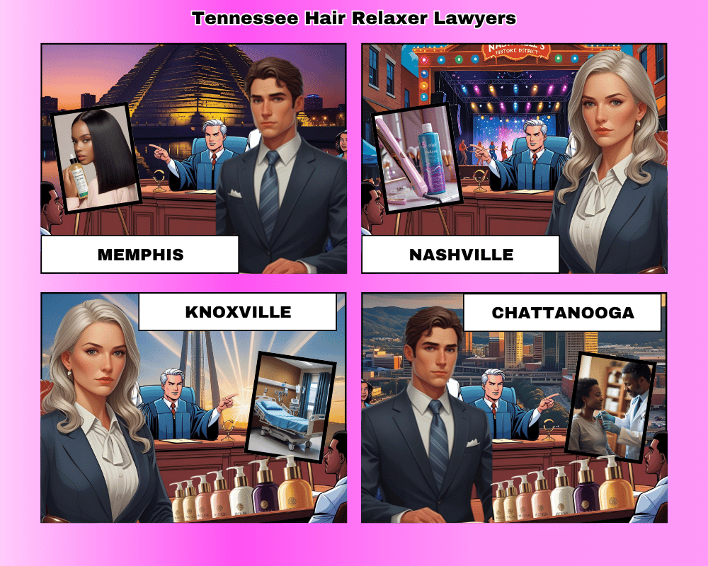 Tennessee hair relaxer lawyers depicted taking ovarian cancer lawsuits to trial in Memphis, Nashville, Knoxville, and Chattanooga