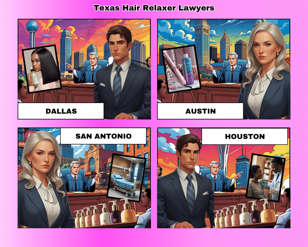 Texas hair relaxer lawyers depicted taking ovarian cancer lawsuits to trial in Dallas, Huston, Austin, and San Antonio