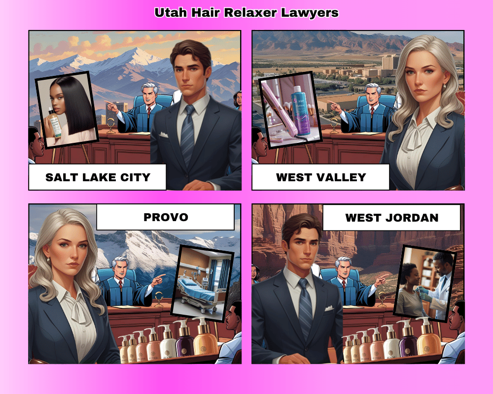Utah hair relaxer lawyers depicted taking ovarian cancer lawsuits to trial in Salt Lake City, West Valley City, Provo, and West Jordan