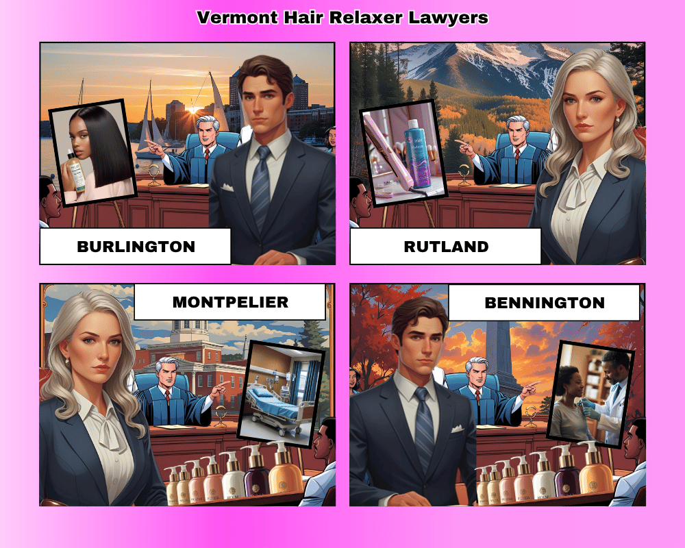 Vermont hair relaxer lawyers depicted taking ovarian cancer lawsuits to trial in Burlington, Rutland, Montpelier, and Bennington