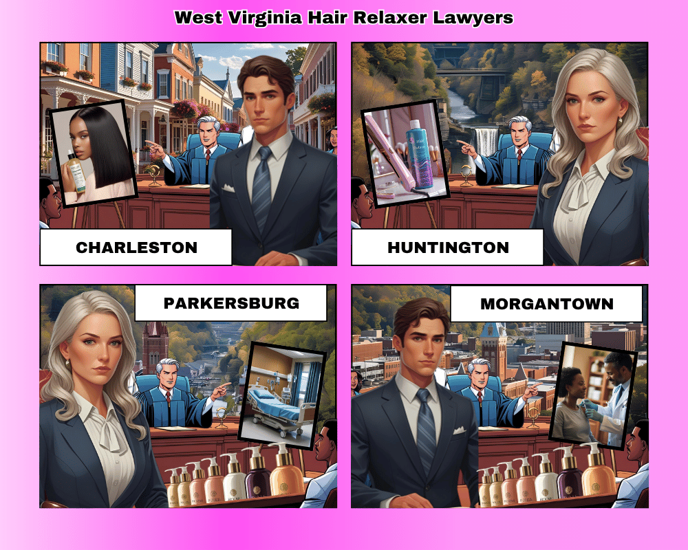 West Virginia hair relaxer lawyers depicted taking ovarian cancer lawsuits to trial in Charleston, Huntington, Parkersburg, and Morgantown