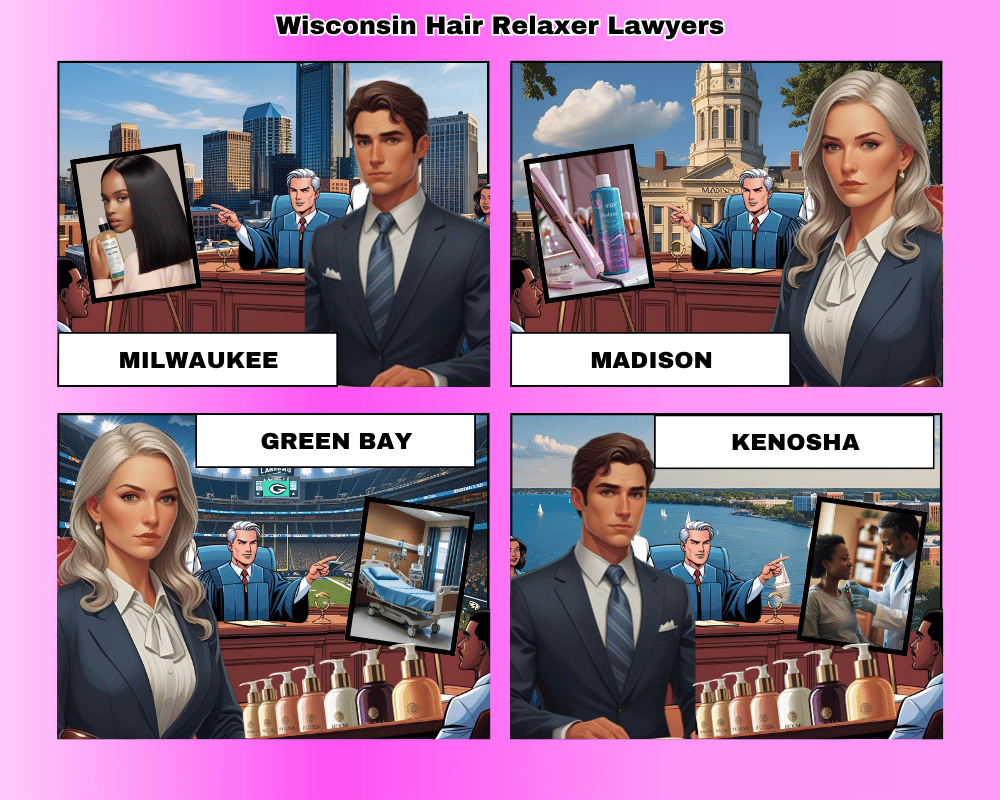 Wisconsin hair relaxer lawyers depicted taking ovarian cancer lawsuits to trial in Milwaukee, Madison, Green Bay, and Kenosha