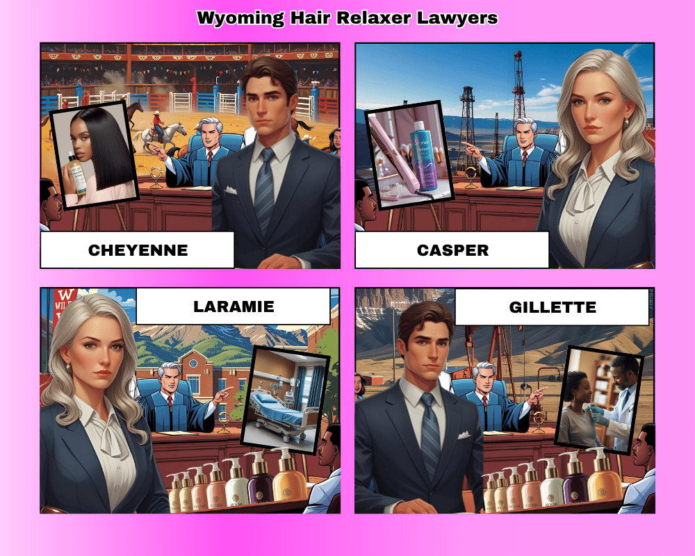 Wyoming hair relaxer lawyers depicted taking ovarian cancer lawsuits to trial in Cheyenne, Casper, Laramie, and Gillette